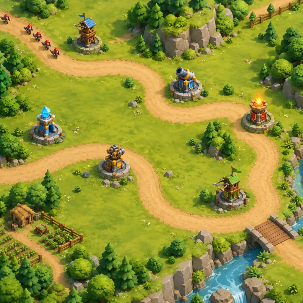Capture de jeu montrant un placement de tours sur une route sinueuse dans Raid Rush