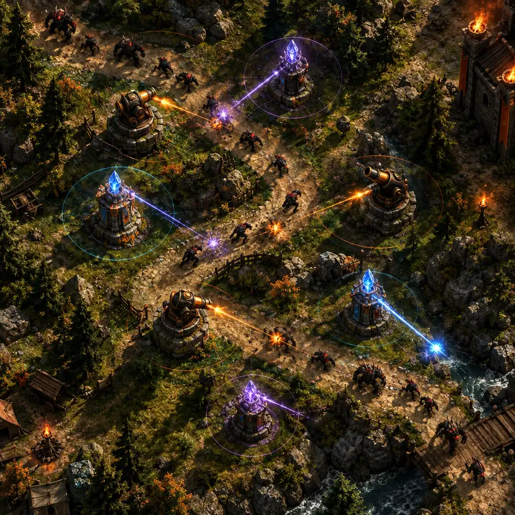 Positionnement stratégique de tours le long d'un chemin en zigzag dans Raid Rush